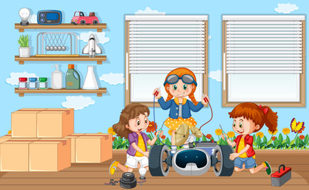 Children fixing a robot together in the room scene illustrationのイラスト素材