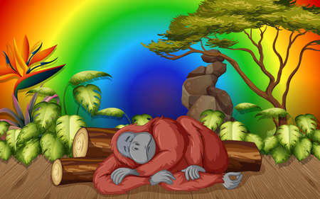 Orangutan cartoon character in the forest on gradient rainbow background illustrationのイラスト素材