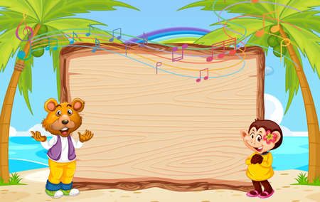Empty wooden board with bear and monkey at the beach illustrationのイラスト素材