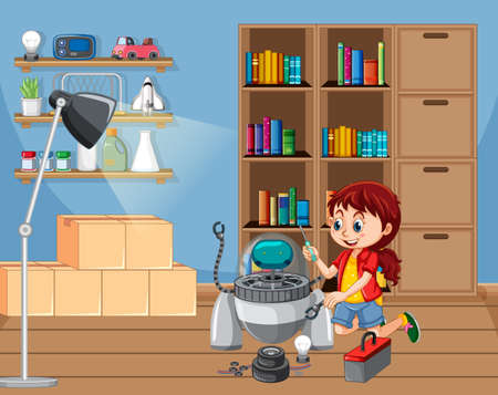 Children fixing a robot together in the room scene illustrationのイラスト素材