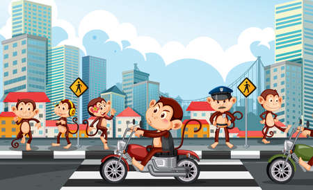 Street in the city scene with many monkeys illustrationのイラスト素材