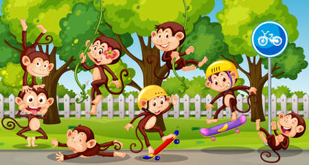 Little monkeys playing at the park illustrationのイラスト素材