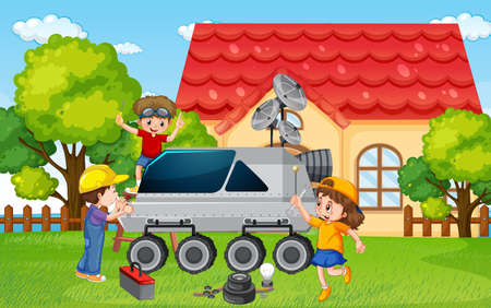 Outdoor scene with children repairing a satellite together  illustrationのイラスト素材