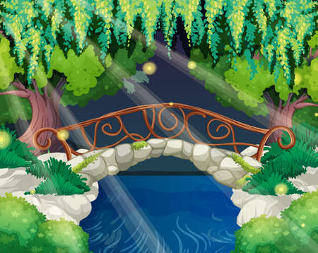 Enchanted garden scene with stone bridge illustrationのイラスト素材
