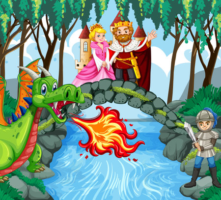 King and queen in enchanted garden background illustrationのイラスト素材