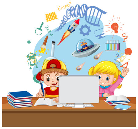 School kids studying in front of computer  illustrationのイラスト素材
