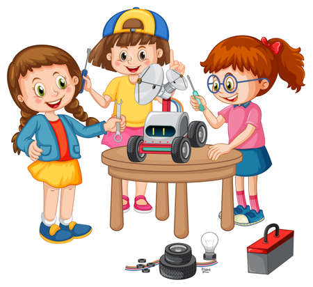 Children fixing toy car together on white background illustrationのイラスト素材