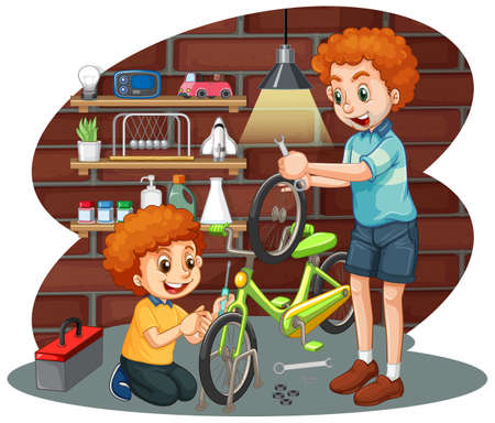 Dad and son fixing a bicycle together  illustrationのイラスト素材