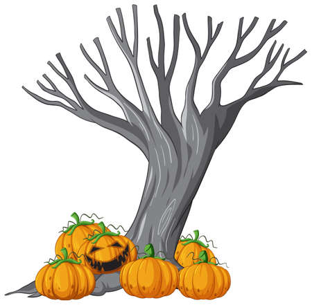 Jack o'lantern pumpkin with dead tree illustrationのイラスト素材