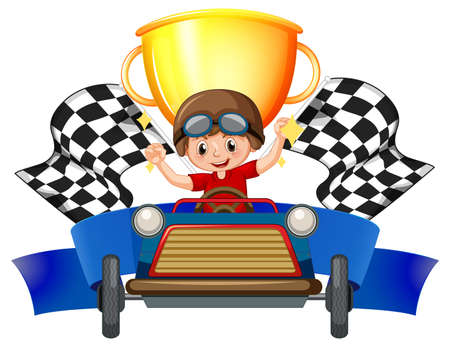 Winner boy in a race car on trophy background illustrationのイラスト素材