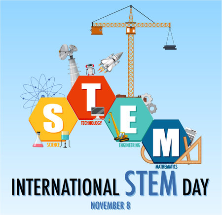 International STEM day on November 8th banner with STEM  illustrationのイラスト素材