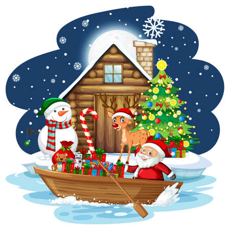 Snowy night with Santa Claus delivering gifts by a boat illustrationのイラスト素材