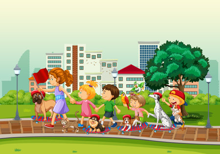 Park scene with children playing with their animals illustrationのイラスト素材