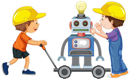 Two boys building robot on white background illustrationのイラスト素材