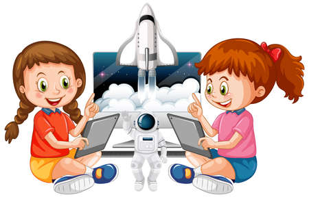 Young girls using tablet with spaceship illustrationのイラスト素材