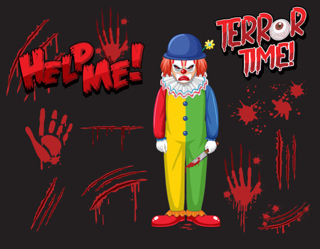 Creepy clown with set of blood spatter and blood hand print illustrationのイラスト素材