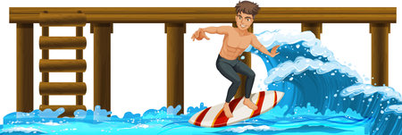 Wooden pier with a man on surfboard illustrationのイラスト素材