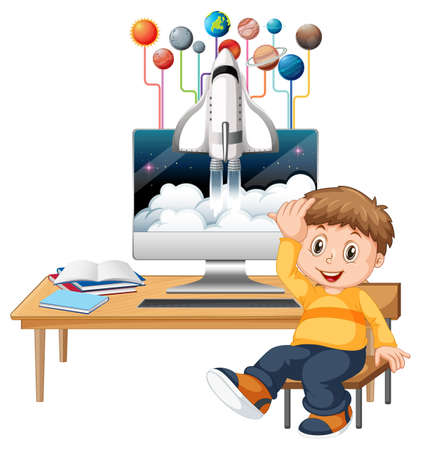 Young boy studying in front of computer  illustrationのイラスト素材