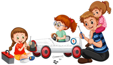 Children repairing a car together illustrationのイラスト素材