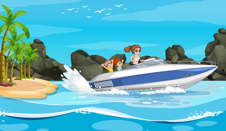 Ocean scenery with a woman driving speedboat and children illustrationのイラスト素材