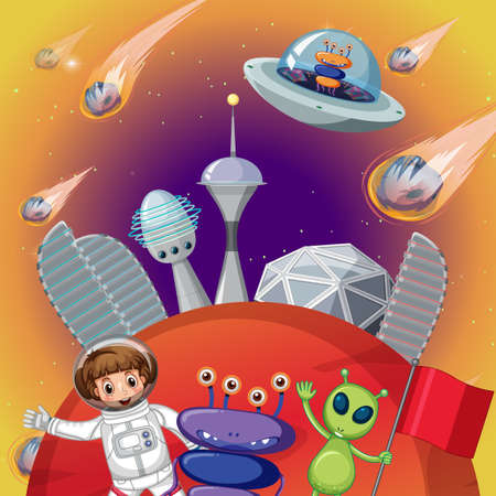 An astronaut with alien in outer space illustrationのイラスト素材