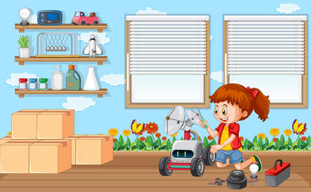 A girl repairing a robot together in the room scene illustrationのイラスト素材