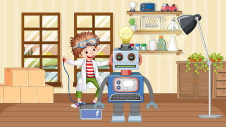 Children fixing a robot together in the room scene illustrationのイラスト素材