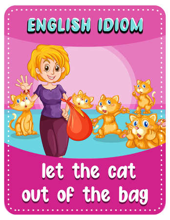 English idiom with let the cat out of the bag illustrationのイラスト素材