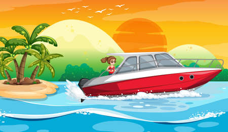 Ocean wave scenery with a woman driving a boat illustrationのイラスト素材