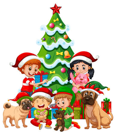 Children and dogs in Christmas theme illustrationのイラスト素材