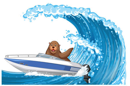 A seal in speed boat in cartoon style illustrationのイラスト素材