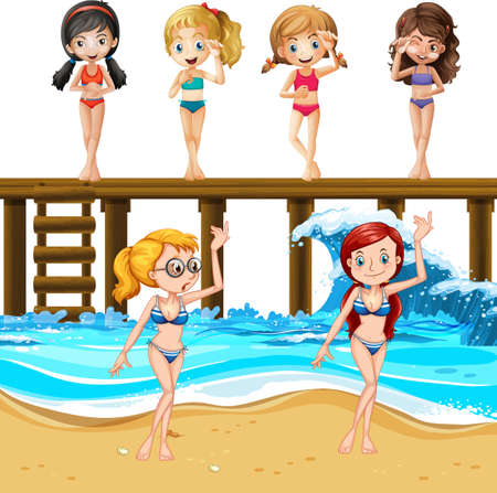 Cute girls in swimsuits at the beach illustrationのイラスト素材