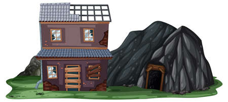 An abandoned house with a rock cave on white background illustrationのイラスト素材