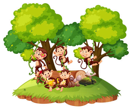 Isolated forest with naughty monkeys illustrationのイラスト素材
