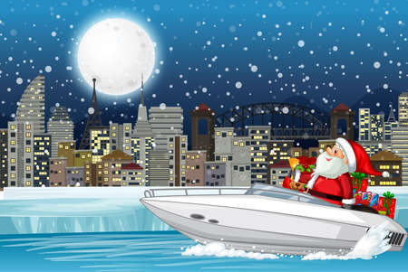 Snowy night with cute elf delivering gifts by speedboat illustrationのイラスト素材