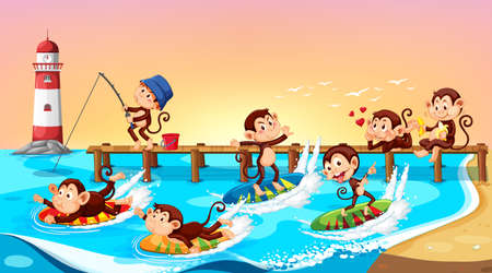 Beach scene with monkeys doing different activities illustrationのイラスト素材