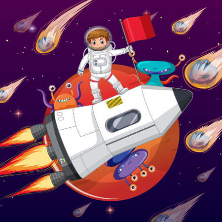 Outer space scene with astonaut standing on spaceship  illustrationのイラスト素材