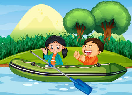 Nature scenery with children in inflatable boat illustrationのイラスト素材