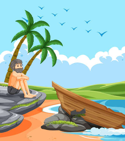 A man on deserted island isolated illustrationのイラスト素材