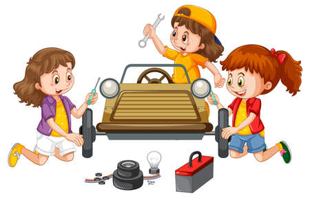 Children repairing a car together illustrationのイラスト素材