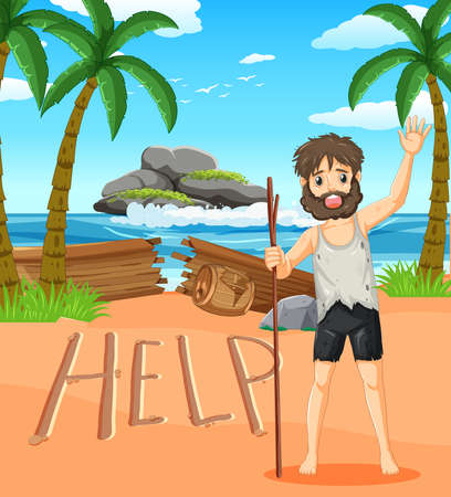 A man on deserted island isolated illustrationのイラスト素材