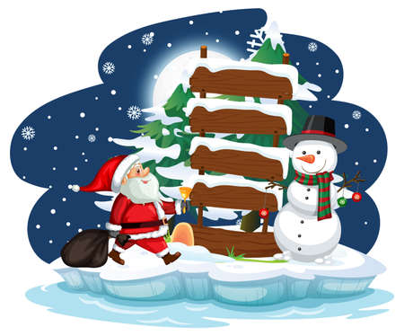 Snowy night with Santa Claus and snowman illustrationのイラスト素材