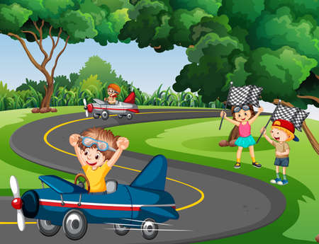 Outdoor scene with children racing car illustrationのイラスト素材