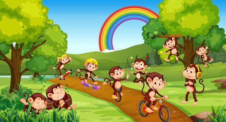 Park scene with little monkeys doing different activities illustrationのイラスト素材