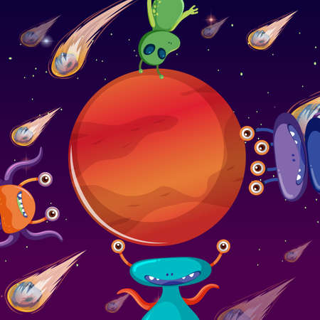 Aliens in outer space with Mars planet in cartoon style illustrationのイラスト素材