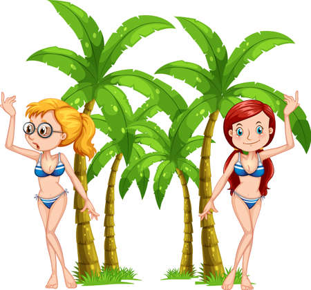 Two girls in swimsuits with palm trees illustrationのイラスト素材