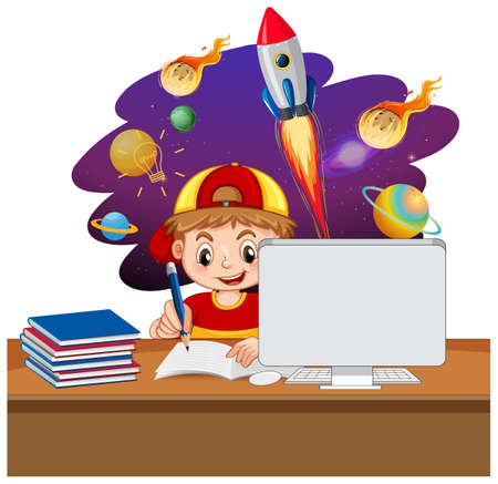 Young boy studying in front of laptop with space objects illustrationのイラスト素材