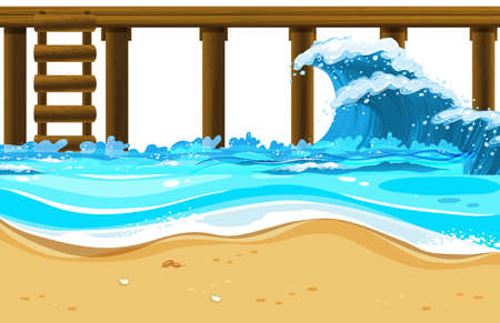 Wooden pier with ocean waves illustrationのイラスト素材