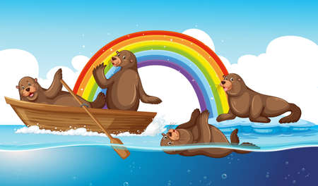 Sea lions animal cartoon in the water with rainbow illustrationのイラスト素材