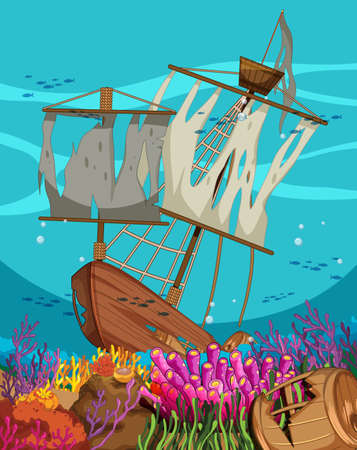 Sinking ship under the ocean illustrationのイラスト素材